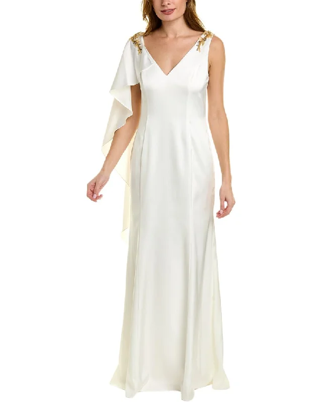 Marchesa Notte Cape Sleeve Maxi Dress Elegant Lace-Up Maxi Dress