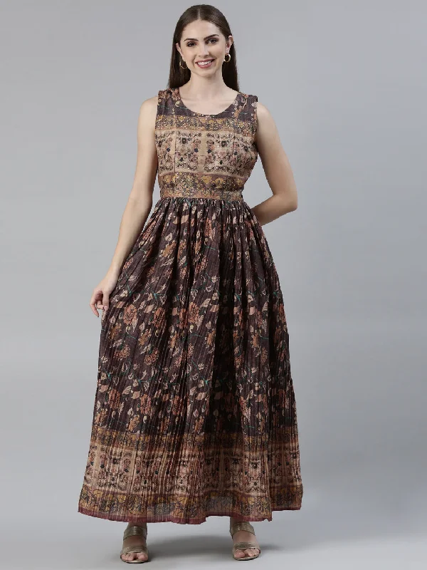 Neeru's Brown Straight Casual Printed Maxi Dresses Fashionable Sleeveless Maxi Dress