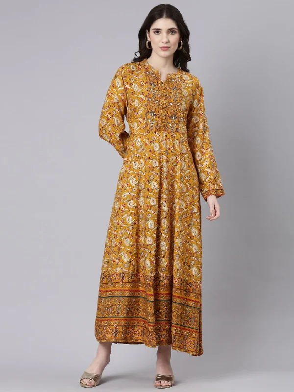 Neeru's Mustard Straight Casual Printed Maxi Dresses Fashionable Chiffon Maxi Dress