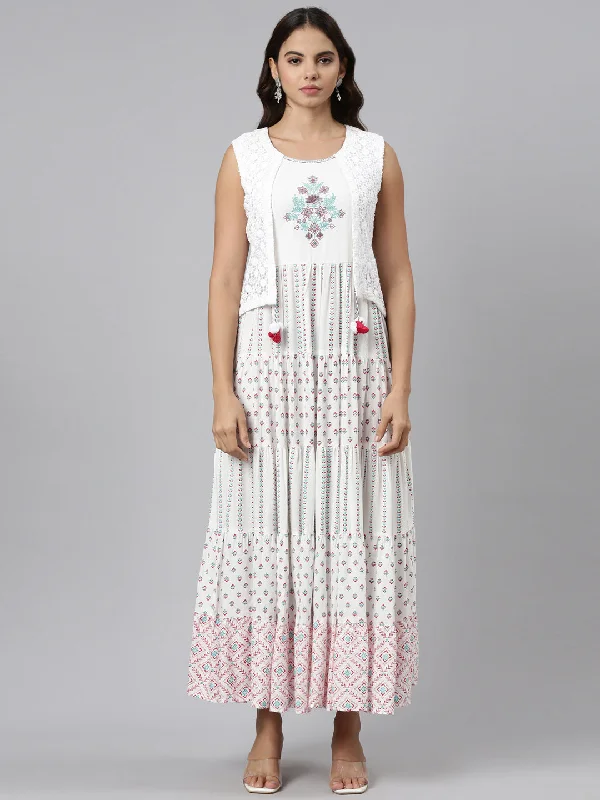 Neeru's Off White Straight Casual Printed Maxi Dresses Trendy Short Sleeve Maxi Dress