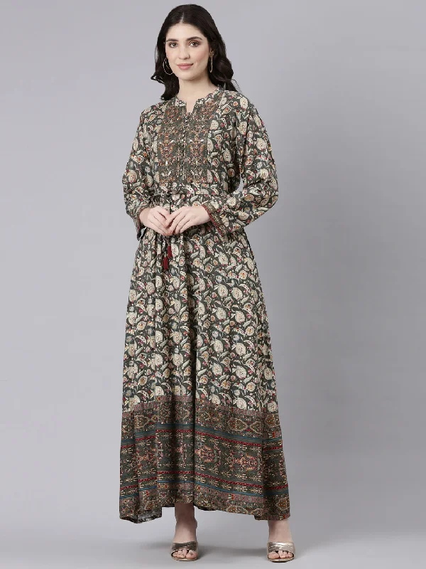 Neeru's Olive Straight Casual Printed Maxi Dresses Elegant Wraparound Maxi Dress