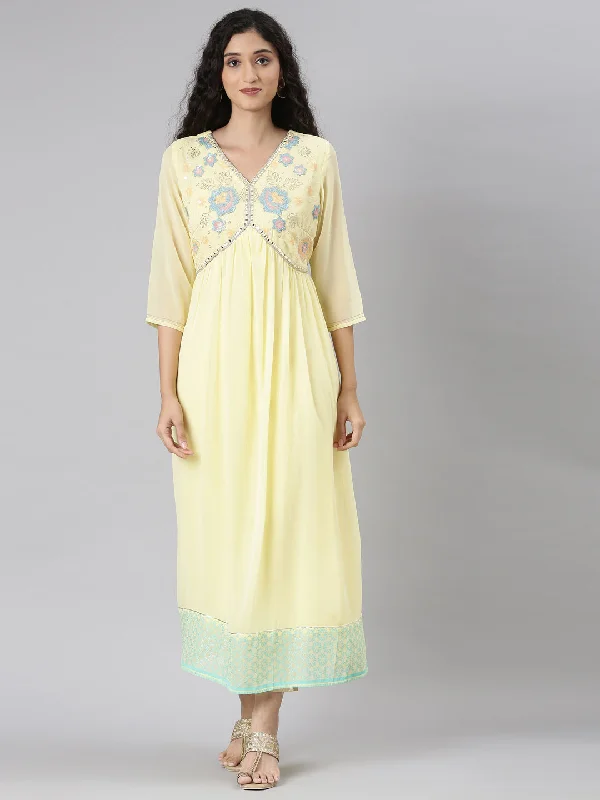 Neerus Yellow Straight Casual Floral Maxi Dresses Elegant Maxi Dress with Lace