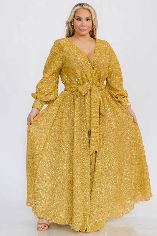 Plus Size Women Bishop Long Sleeve Shimmer Warp Flare Maxi Dresses Trendy V-Neck Maxi Dress