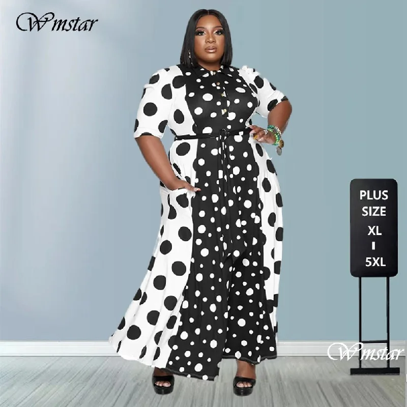 Plus Size Women's Clothing Dresses Dot Printed with Pockets Slashes Fashion Maxi Dress Hot Sale Stylish Empire Waist Maxi Dress