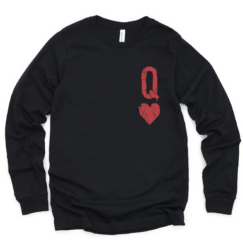 Queen of Hearts Distressed Custom Print Long Sleeve T-Shirt Notch Collar Peter Pan Collar Cowl Neck Queen of Hearts Distressed Custom Print Long Sleeve T-Shirt Notch Collar Peter Pan Collar Cowl Neck