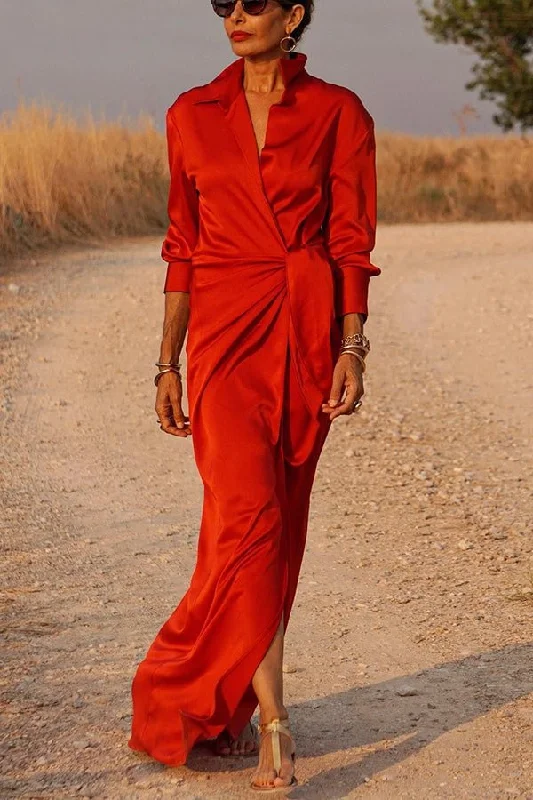 Red Satin Wrap Shirt Maxi Dress QB034 Comfortable Satin Maxi Dress