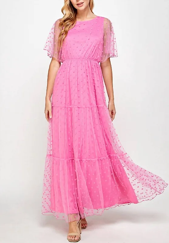 Soft Mesh Dot Maxi Dress In Fuchsia Casual Maxi Dress with Pockets