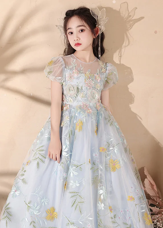 Stylish Blue Embroideried Patchwork Tulle Girls Maxi Dress Summer QV025 Stylish Boho Maxi Dress