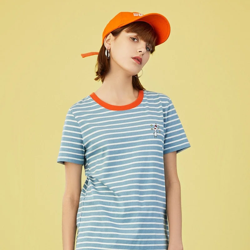 SummerWomen T-Shirt (Casual Stripe Print Cartoon Logo Round Neck Short Sleeve) Notch Collar Peter Pan Collar Cowl Neck SummerWomen T-Shirt (Casual Stripe Print Cartoon Logo Round Neck Short Sleeve) Notch Collar Peter Pan Collar Cowl Neck