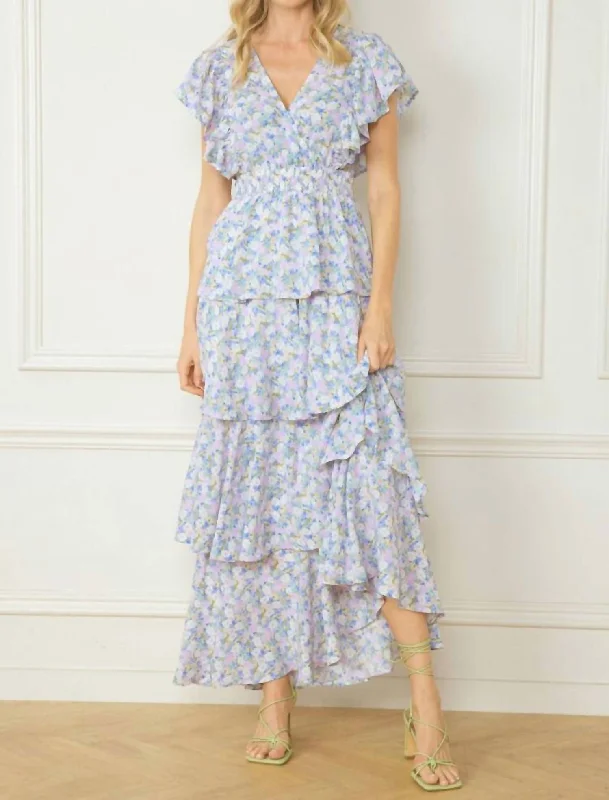 V-Neck Tiered Maxi Dress In Blue Floral Print Comfortable Maxi Dress with Sleeves