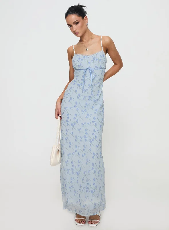 Valencia Maxi Dress Blue Floral Elegant Maxi Dress with Ruffles