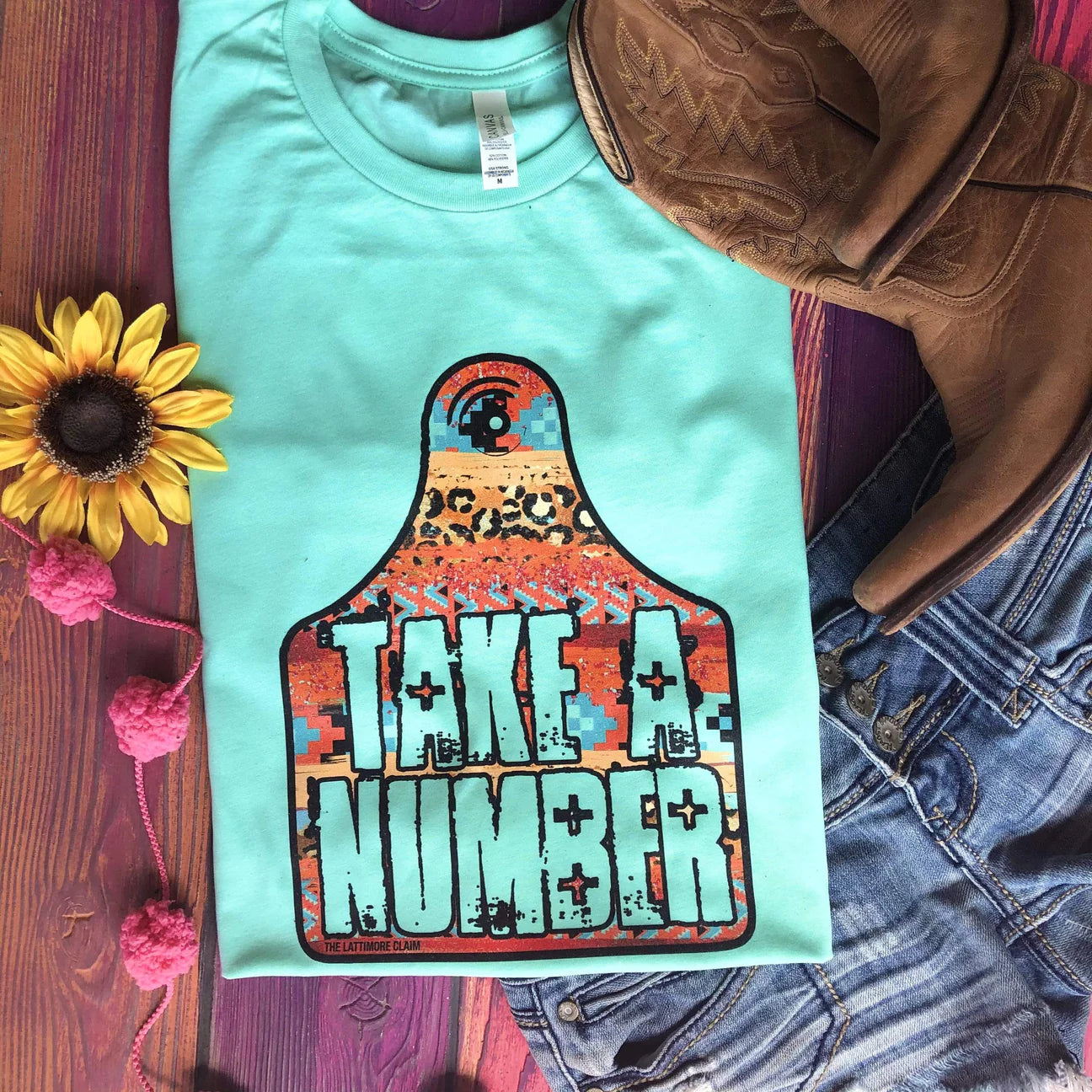 Western Cattle Tag "Take A Number" Tee - Mint Notch Collar Peter Pan Collar Cowl Neck Western Cattle Tag "Take A Number" Tee - Mint Notch Collar Peter Pan Collar Cowl Neck