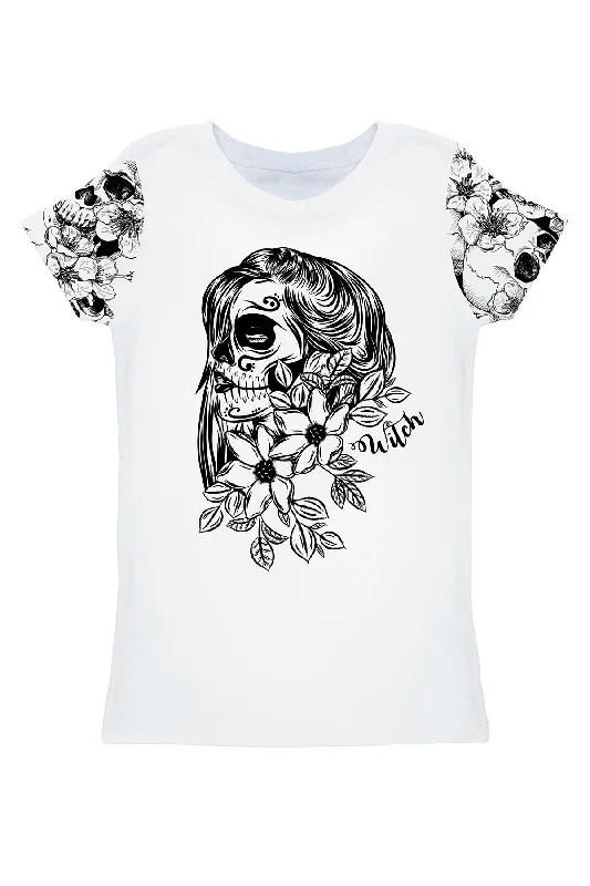White Witch Zoe Skull Print Halloween Designer T-Shirt - Women Chenille Brocade Lace White Witch Zoe Skull Print Halloween Designer T-Shirt - Women Chenille Brocade Lace