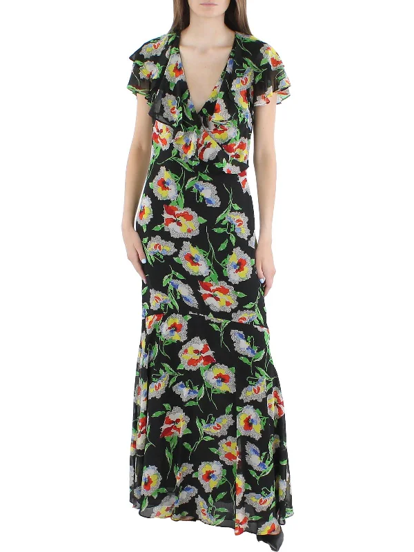 Womens Chiffon Floral Maxi Dress Comfortable Fit-and-Flare Maxi Dress