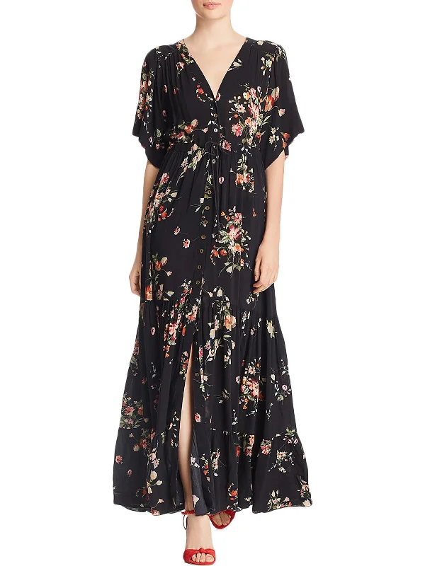 Womens Floral Print Eyelet Maxi Dress Trendy Maxi Dress with Bow