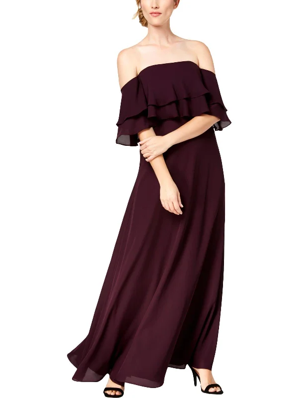 Womens Off-The-Shoulder Flounce Maxi Dress Cozy Ribbed Maxi Dress