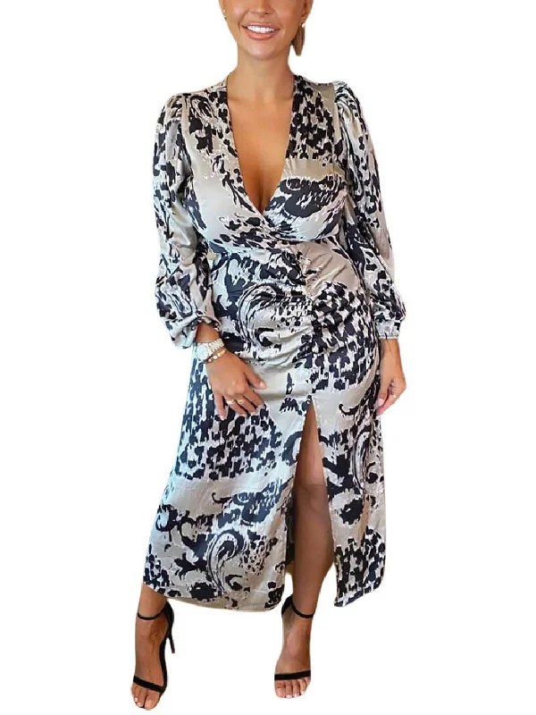 Womens Satin Long Sleeve Maxi Dress Chic Button-Up Maxi Dress