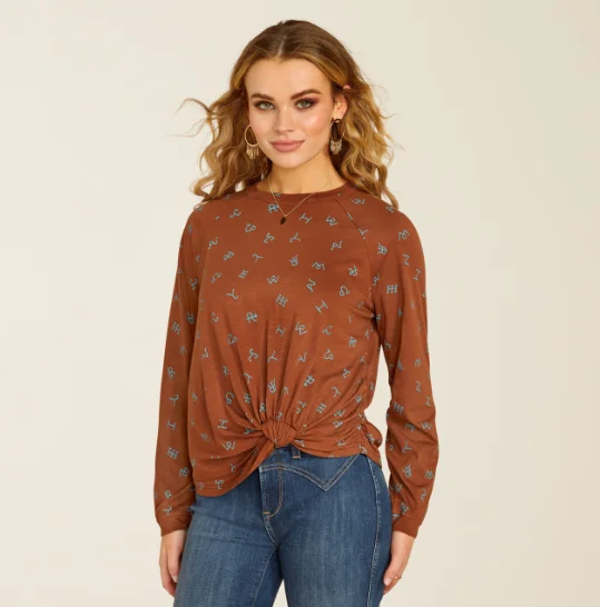 Ariat Women's Rust Della Twist Cattle Brand Long Sleeve Tee 10052651 Thin T-Shirt Open Front Quick Dry