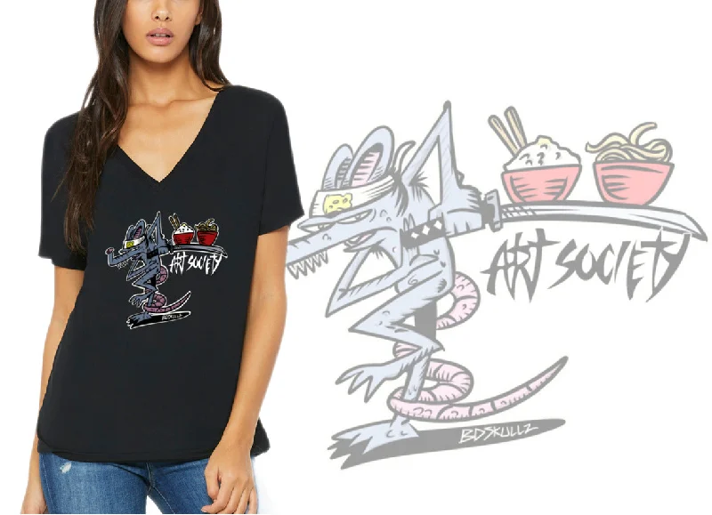 Art Society KUNG FU RAT WOMENS V-NECK TEE BLACK Front Pockets Side Pockets Patch Pockets