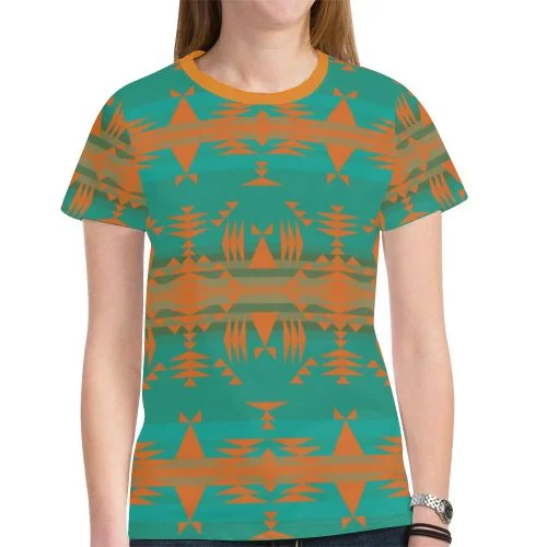 Between the Mountains Deep Lake Orange T-shirt for Women Spandex Blend Rayon Blend Denim Blend