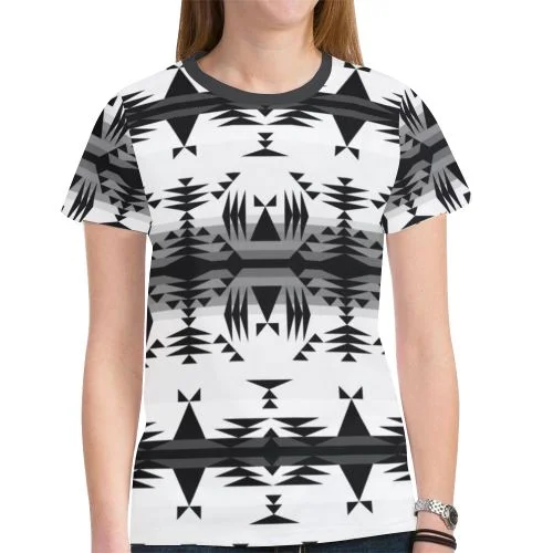 Between the Mountains White and Black T-shirt for Women Hooded Caped Shawl Collar