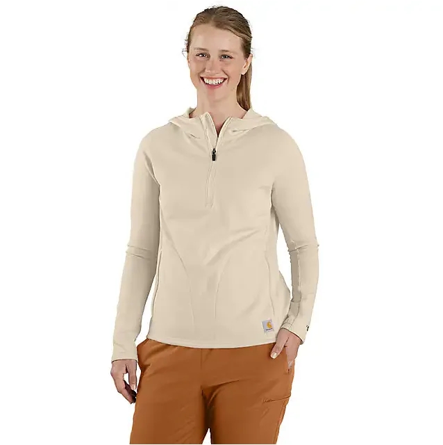 Women's Carhartt Force Relaxed Fit Half-Zip Hooded T-Shirt - Oat Milk Welt Pockets Slit Pockets Flap Pockets