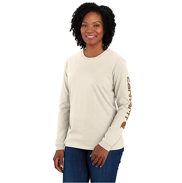 Women's Loose Fit Heavyweight Long-Sleeve Logo Sleeve Graphic T-Shirt - Malt / Carhartt Brown Solid Print Embellished