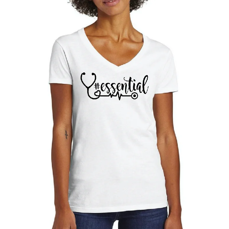 #Essential Women's Ideal V-Neck Tee Solid Print Embellished