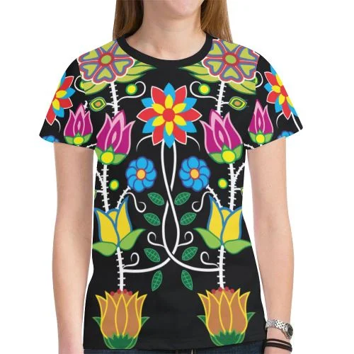 Floral Beadwork-04 T-shirt for Women Cotton Fabric Linen Fabric Terry Fabric