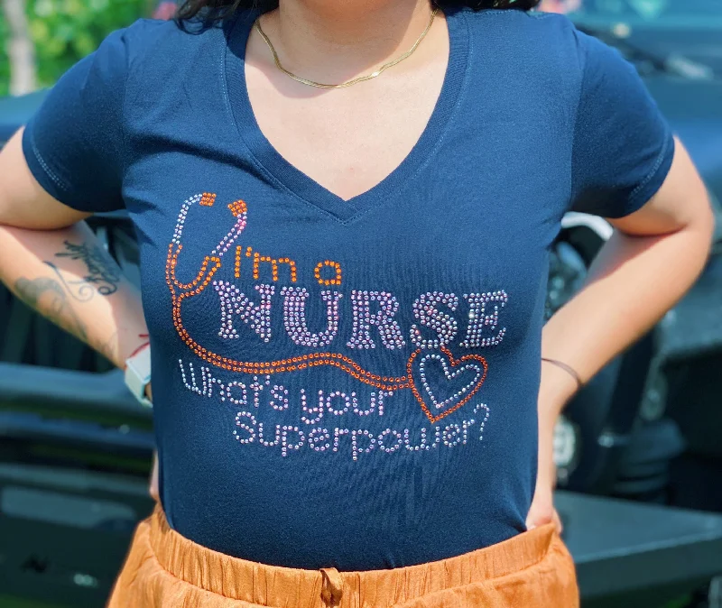 I'm a Nurse, What's Your Superpower? Rhinestone Women's Ideal V-Neck Tee Houndstooth Herringbone Solid