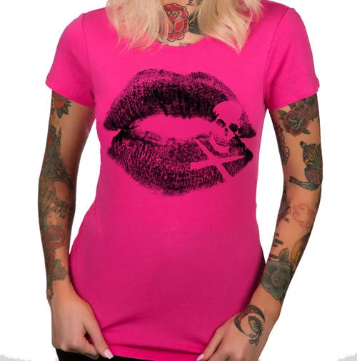 Kiss of Death Black Lipstick Women's T-Shirt Front Pockets Side Pockets Patch Pockets