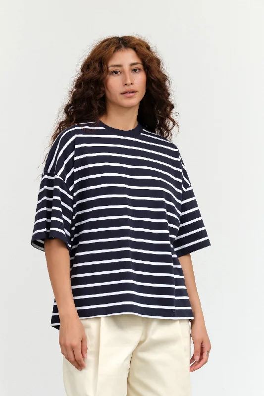 Oversized Boxy Tee in Navy Breton Sequined Glittery Shiny