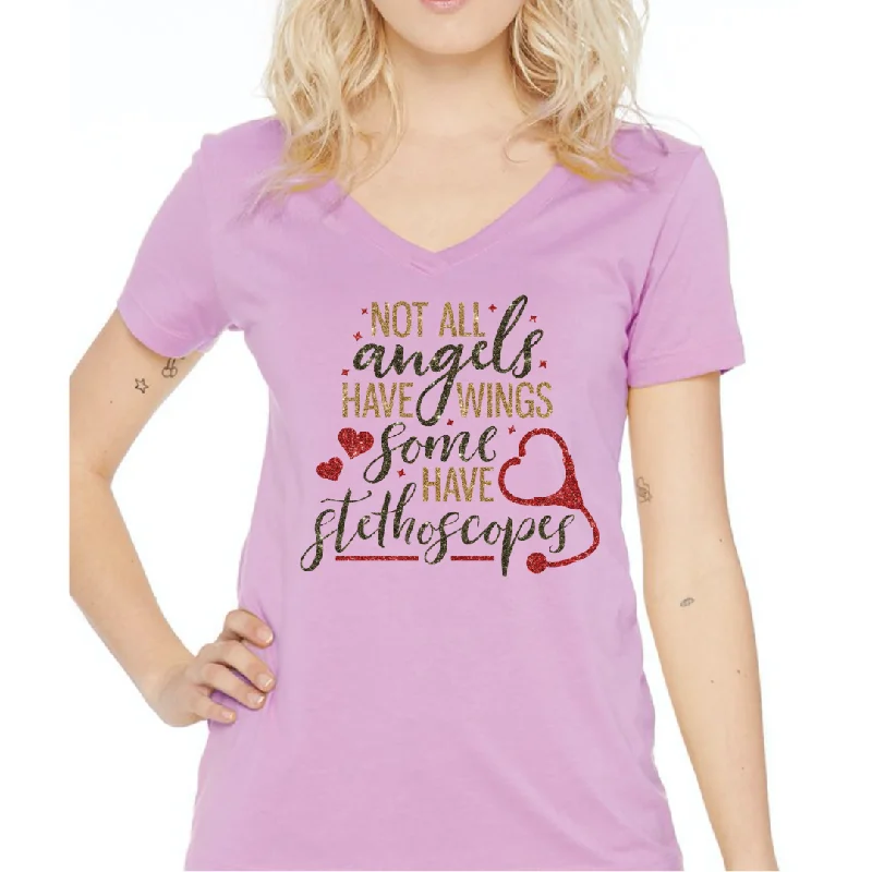 Not All Angels Have Wings Some Have Stethoscopes Women's Ideal V-Neck Tee Satin Fabric Silk Fabric Chiffon Fabric