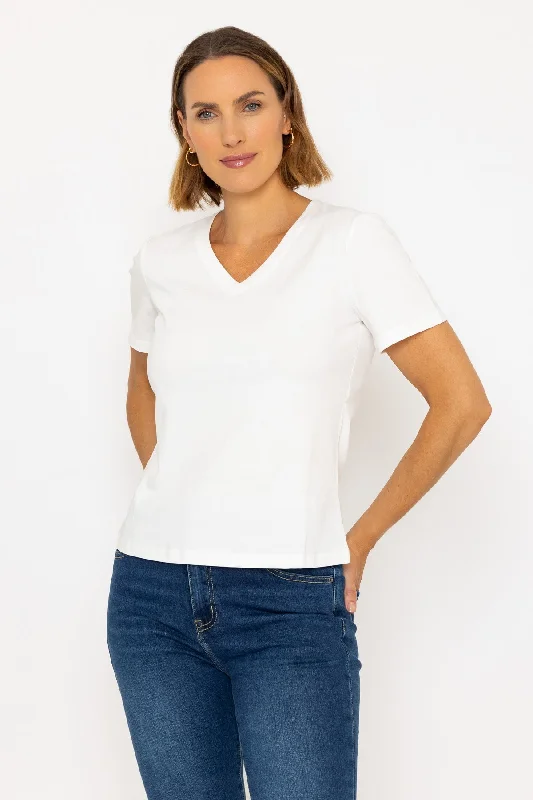 Short Sleeve Super Soft V-Neck Tee in White Ribbed Striped Patterned