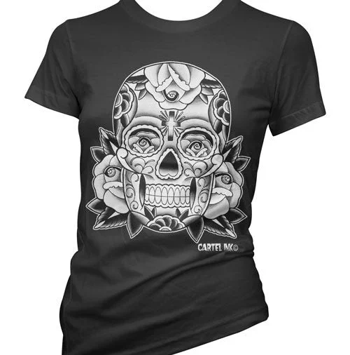 Sugar Skull Women's T-Shirt Collared Crew Neck Turtle Neck