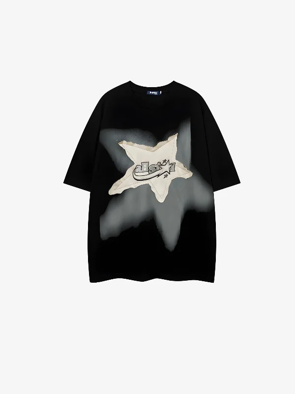 KG Embroidered Star Patch T-Shirt Welt Pockets Slit Pockets