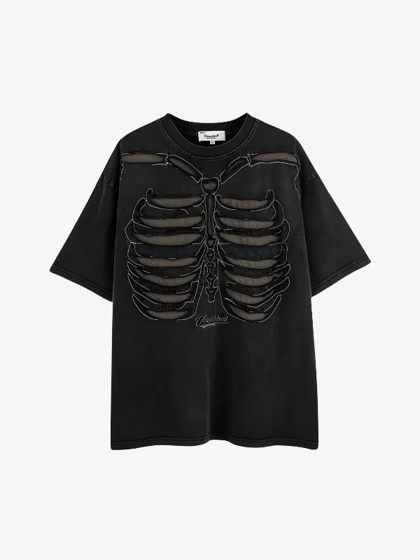 KG Ripped Skeleton Bone T-Shirt Hooded Caped Shawl Collar