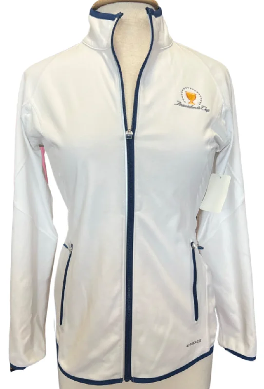 Annika by Cutter & Buck White Full-Zip Jacket w/ President's Cup Logo Size S MSP$128 Denim Jacket Leather Jacket Suede Jacket Annika by Cutter & Buck White Full-Zip Jacket w/ President's Cup Logo Size S MSP$128 Denim Jacket Leather Jacket Suede Jacket