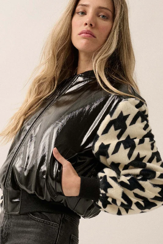 Mod World Houndstooth and Patent Bomber Jacket Belted Jacket Elasticated Jacket Padded Jacket Mod World Houndstooth and Patent Bomber Jacket Belted Jacket Elasticated Jacket Padded Jacket