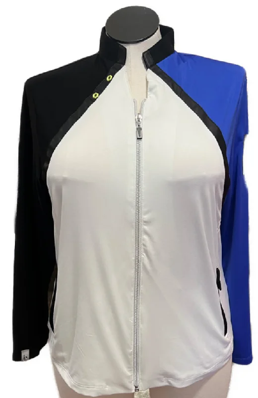 New Women's Jamie Sadock Long Sleeve Full-Zip Golf Jacket- White/Blue/Black Size L MSP$129 Print Jacket Jacquard Jacket Patchwork Jacket New Women's Jamie Sadock Long Sleeve Full-Zip Golf Jacket- White/Blue/Black Size L MSP$129 Print Jacket Jacquard Jacket Patchwork Jacket