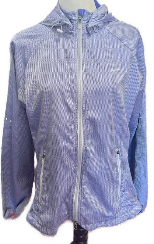 Nike Women's FitStorm Purple Micro-check Full-Zip Hooded Jacket Size L MSP$130 Knit Fabric Woven Fabric Fleece Fabric Nike Women's FitStorm Purple Micro-check Full-Zip Hooded Jacket Size L MSP$130 Knit Fabric Woven Fabric Fleece Fabric