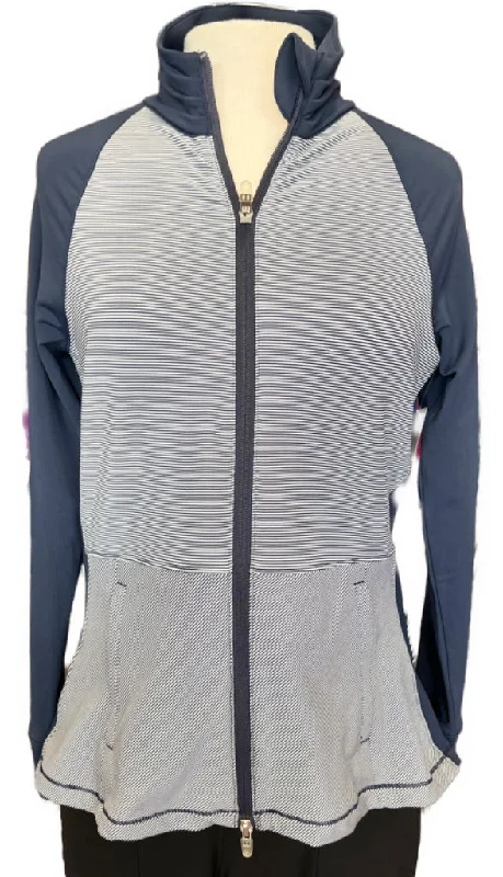 Peter Millar Full Zip Navy Striped Jacket w/ Peplum Size M MSP$138 Print Jacket Jacquard Jacket Embroidered Jacket Peter Millar Full Zip Navy Striped Jacket w/ Peplum Size M MSP$138 Print Jacket Jacquard Jacket Embroidered Jacket