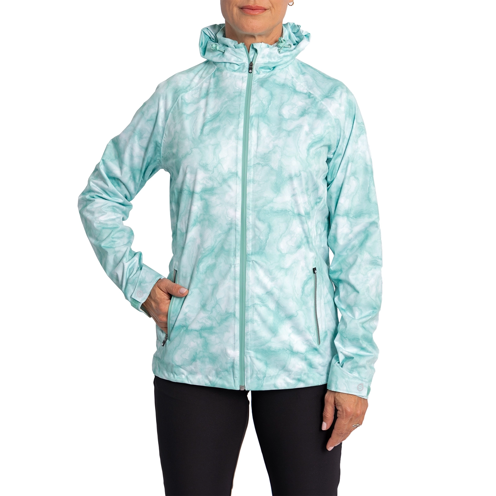Sunderland Women's Aurora Whisperdry Lightweight Waterproof Golf Jacket - Mint Mist Print Welt Pockets Slit Pockets Flap Pockets Sunderland Women's Aurora Whisperdry Lightweight Waterproof Golf Jacket - Mint Mist Print Welt Pockets Slit Pockets Flap Pockets