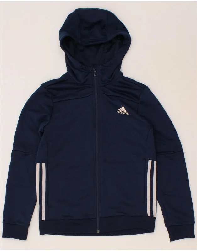 ADIDAS Boys Climalite Zip Hoodie Sweater 11-12 Years Navy Blue Polyester Hoodie with Hem Drawcord Adjustable Customizable