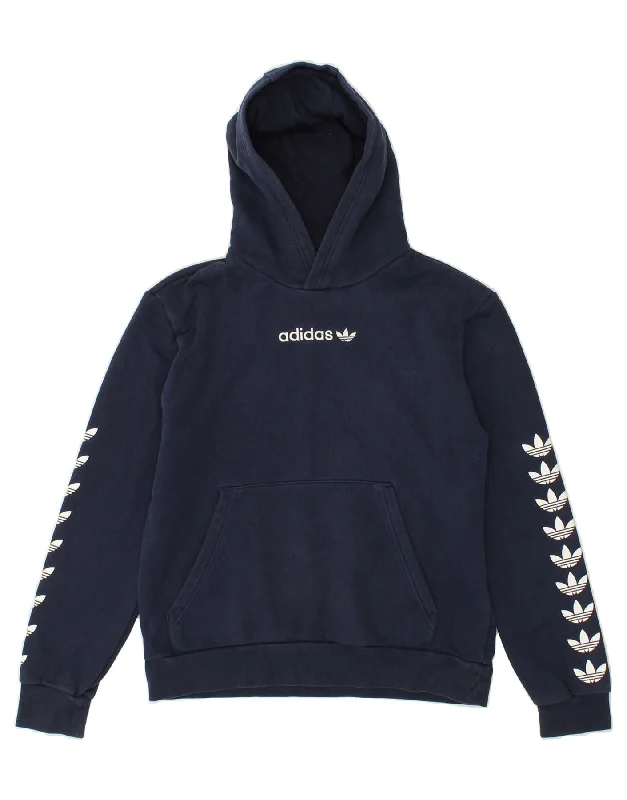 ADIDAS Boys Graphic Hoodie Jumper 13-14 Years Navy Blue Cotton Hoodie with Zipper Placket Modern Functional