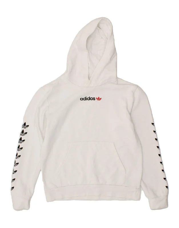 ADIDAS Boys Graphic Hoodie Jumper 13-14 Years White Colourblock Cotton Hoodie with Emblem Brand Identity ADIDAS Boys Graphic Hoodie Jumper 13-14 Years White Colourblock Cotton Hoodie with Emblem Brand Identity