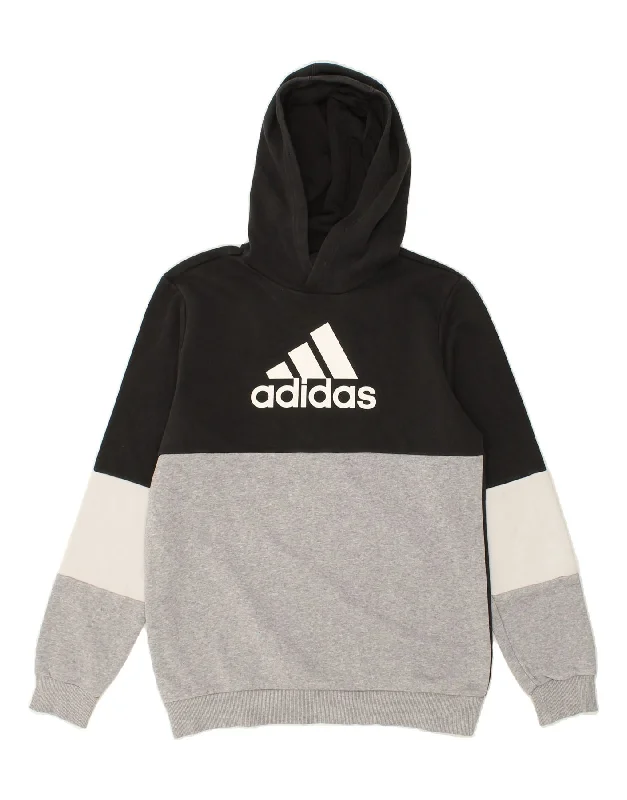 ADIDAS Boys Graphic Hoodie Jumper 15-16 Years Black Colourblock Cotton Hoodie with Bell Sleeves Flared Feminine