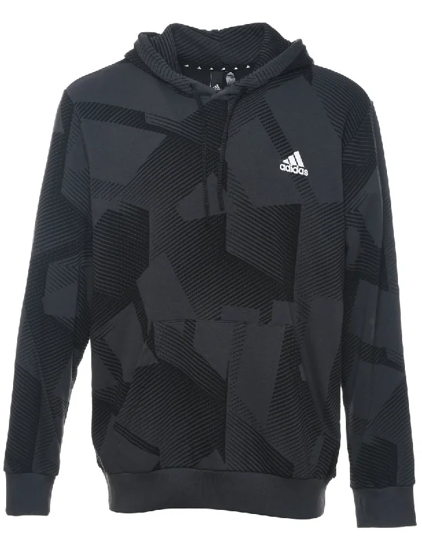 Adidas Dark Grey & Black Patterned Hoodie - L Hoodie with Hood Adjustable Protection