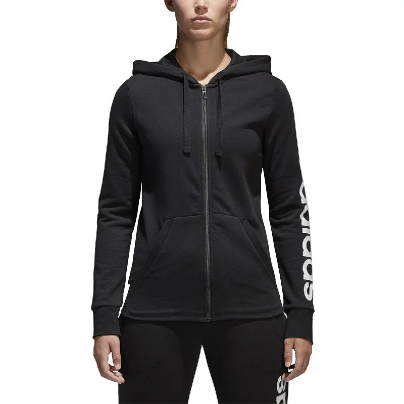 Adidas Essential Linear Full Zip Logo Women's Hoodie Black Hoodie with Metallic Shiny Futuristic Adidas Essential Linear Full Zip Logo Women's Hoodie Black Hoodie with Metallic Shiny Futuristic