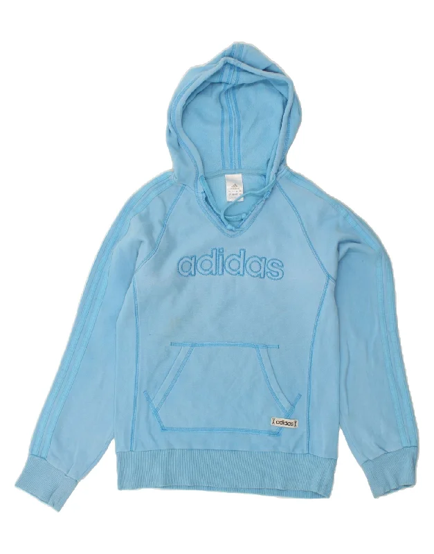 ADIDAS Womens Graphic Hoodie Jumper UK 10 Small Blue Cotton Hoodie with Hood Adjustable Protection ADIDAS Womens Graphic Hoodie Jumper UK 10 Small Blue Cotton Hoodie with Hood Adjustable Protection